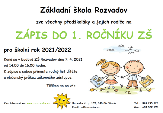 Zápis do 1. ročníku pro školní rok 2021/2022
